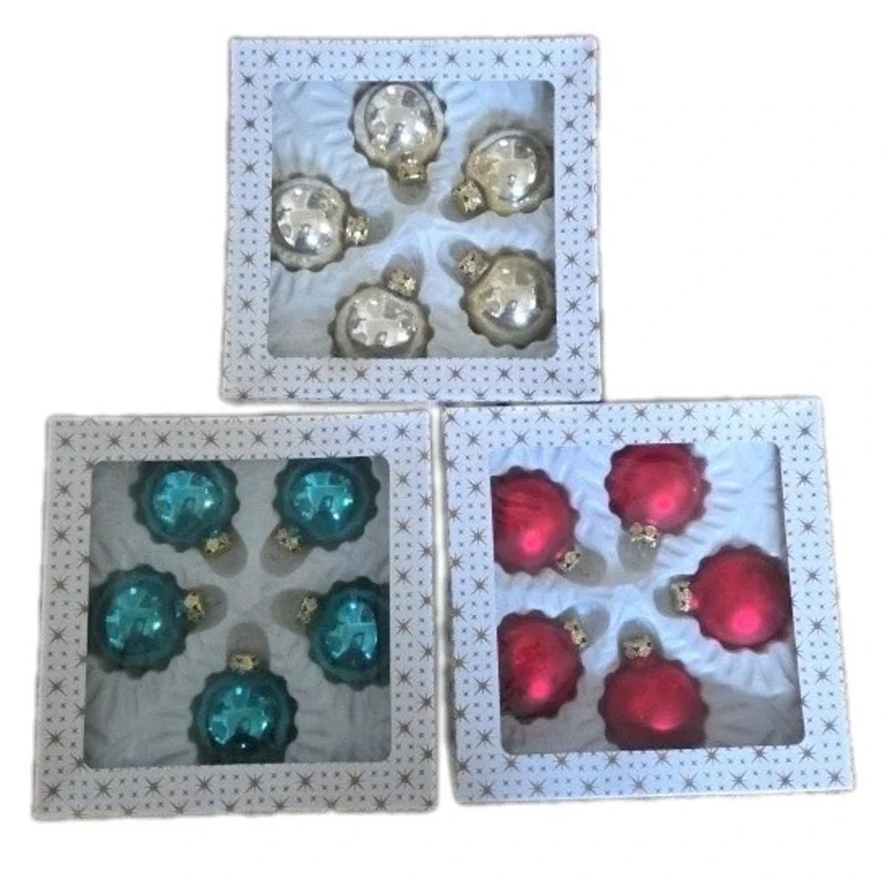 3 Pkgs Glass Ornaments Gold Red Green 5 Each West Germany Vintage Holiday Decor